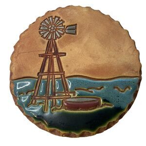 Nan Groves Pottery Bread Warmer Art Disk Round Windmill Wall Hanging Terracotta